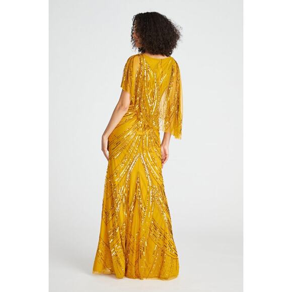Theia Ayla Beaded Shawl Gown Cape Sleeve Gold/Bronze Size 2 NWT - Picture 3 of 14